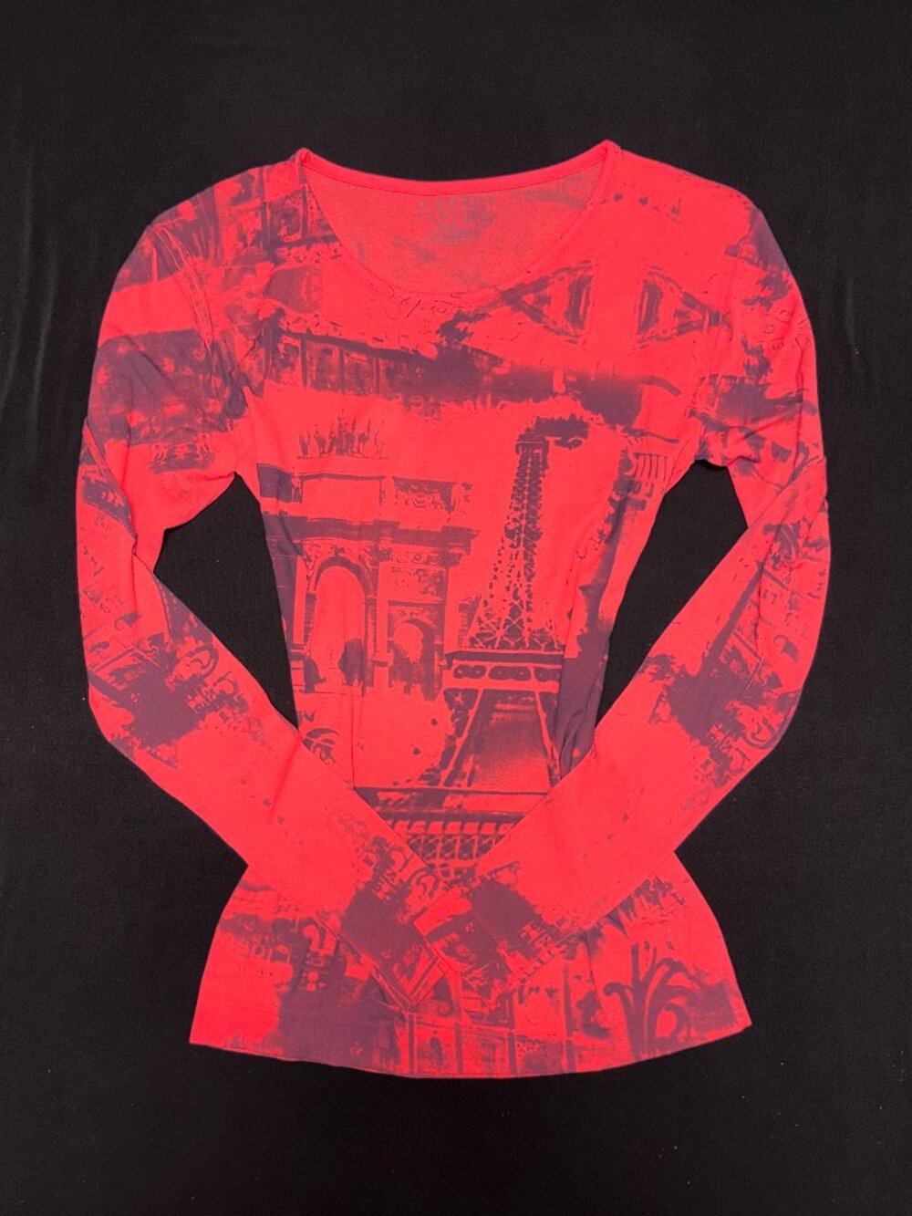 Y2K Style Graphic AMB Second Skin Long Sleeve Red & Black Paris Print Size Small